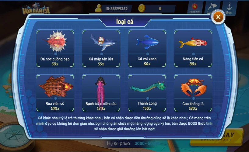 Tỷ lệ thưởng game Vua bắn cá PM FISH 